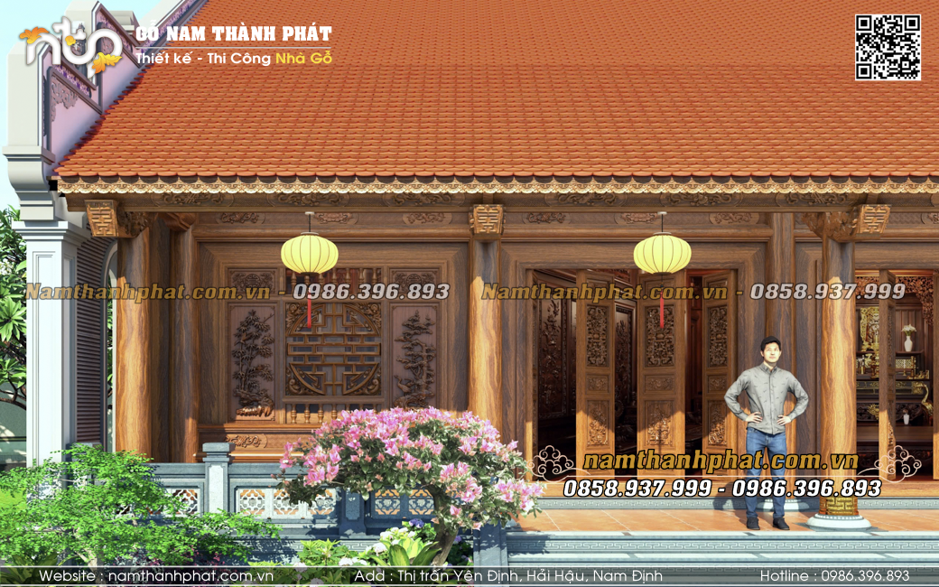 Nhà gỗ 5 gian 2 mái cửa sổ chữ thọ đẹp